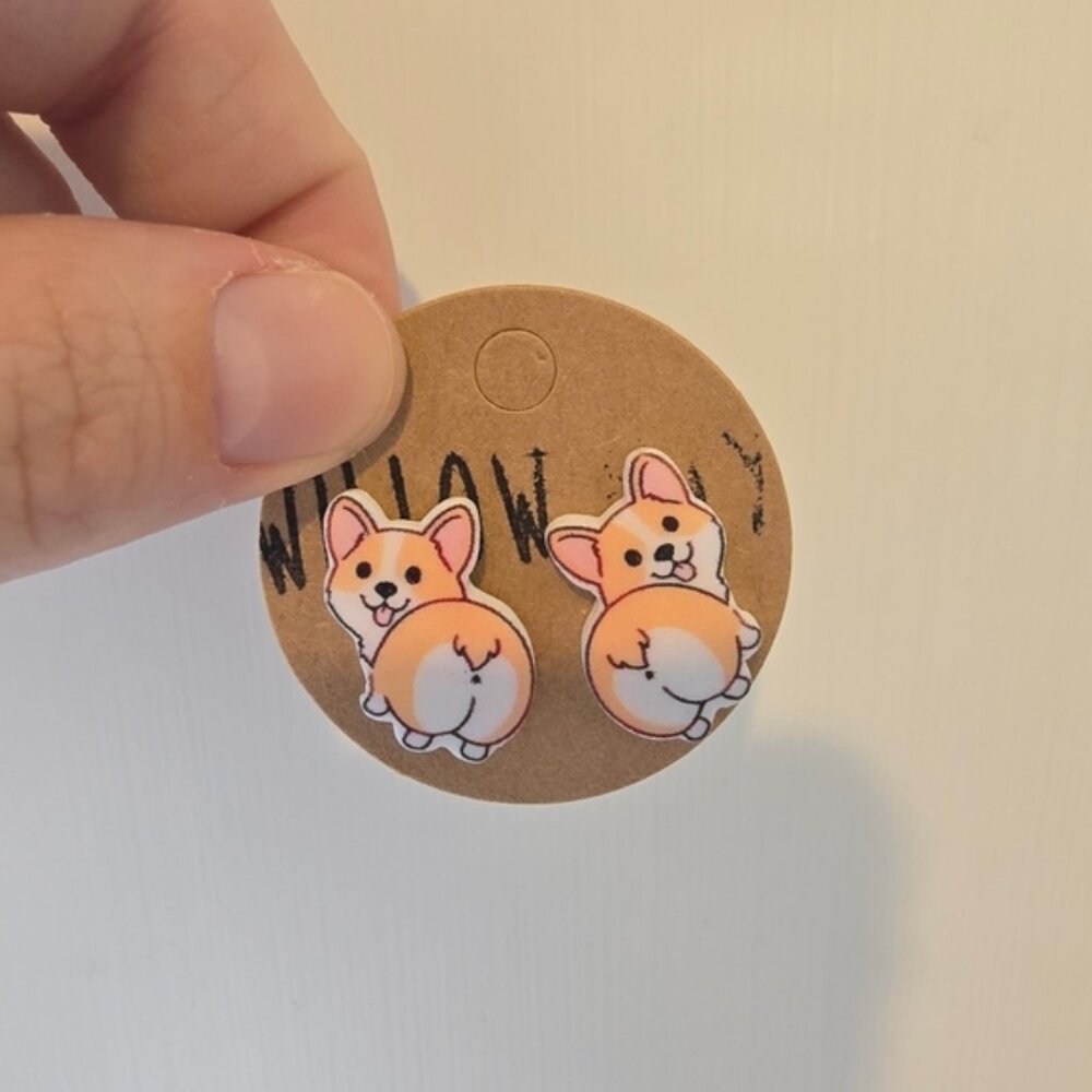 Willow May Acrylic Corgi Earrings Cute Brown and White Dog